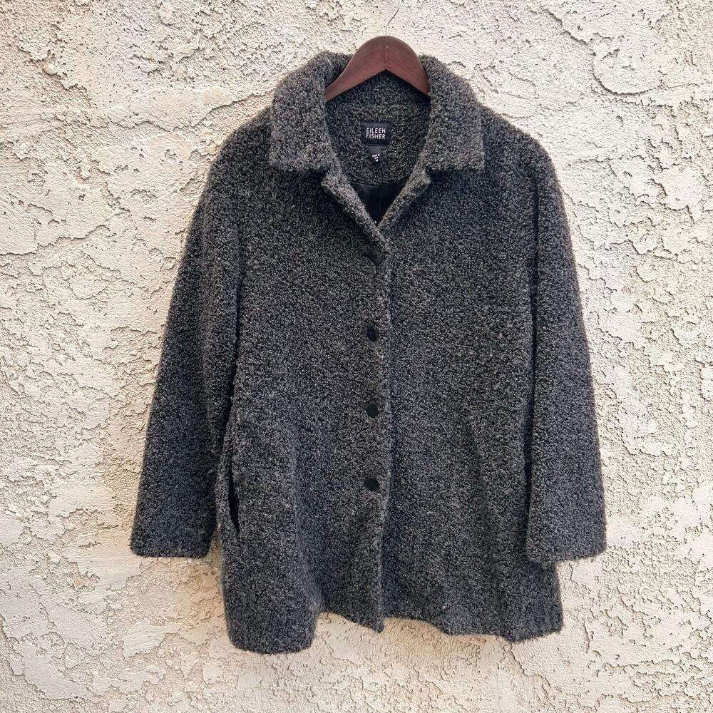Eileen Fisher Wool Blend Bouclé Coat Gray Button Front Size Womens Medium